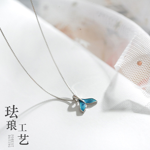 Japanese and Korean Simple Dream Blue Mermaid Tail Titanium Steel Necklace Girl's Forest Style Fashion Creative Internet Celebrity Clavicle Chain Wholesale 