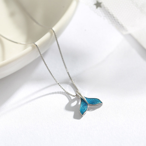 Japanese and Korean Simple Dream Blue Mermaid Tail Titanium Steel Necklace Girl's Forest Style Fashion Creative Internet Celebrity Clavicle Chain Wholesale 
