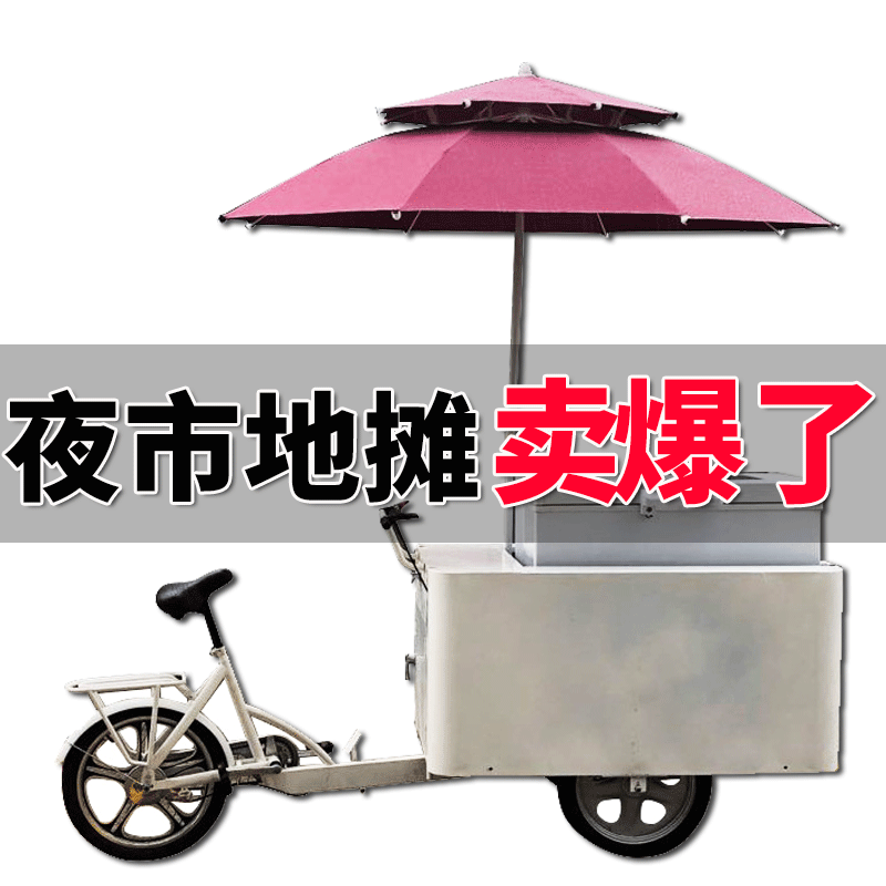 摆摊地摊冷冻咖啡啤酒饮料冰淇淋夜市三轮车自行车带太阳能冷柜