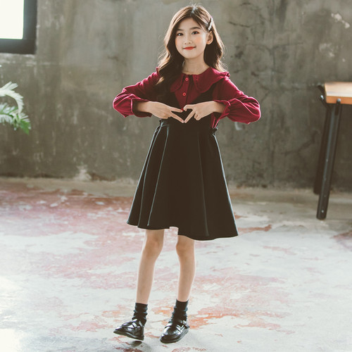 Girls' velvet dress suit, new style, girl's shirt, suspender skirt, princess two-piece Christmas performance outfit