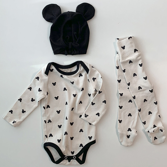 Spring and Autumn Baby Climbing Clothes suit Cartoon Printed Bottoming Clothes Leggings Trousers Hat Three-Piece Set Korean