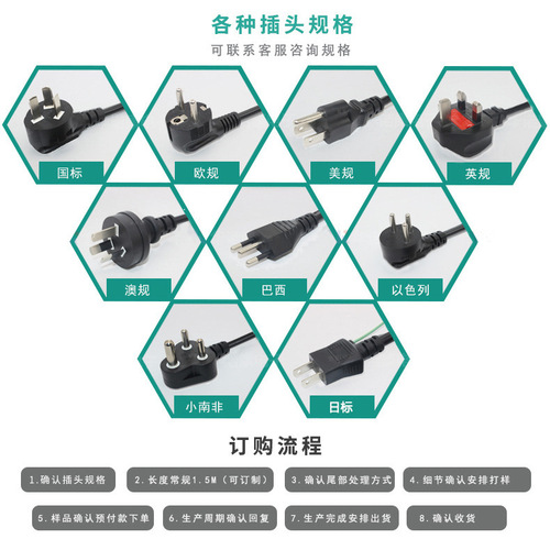 0.75 square VDE European standard power plug with two cores, European 8-shaped tail power cord, AC line with European 8-shaped tail