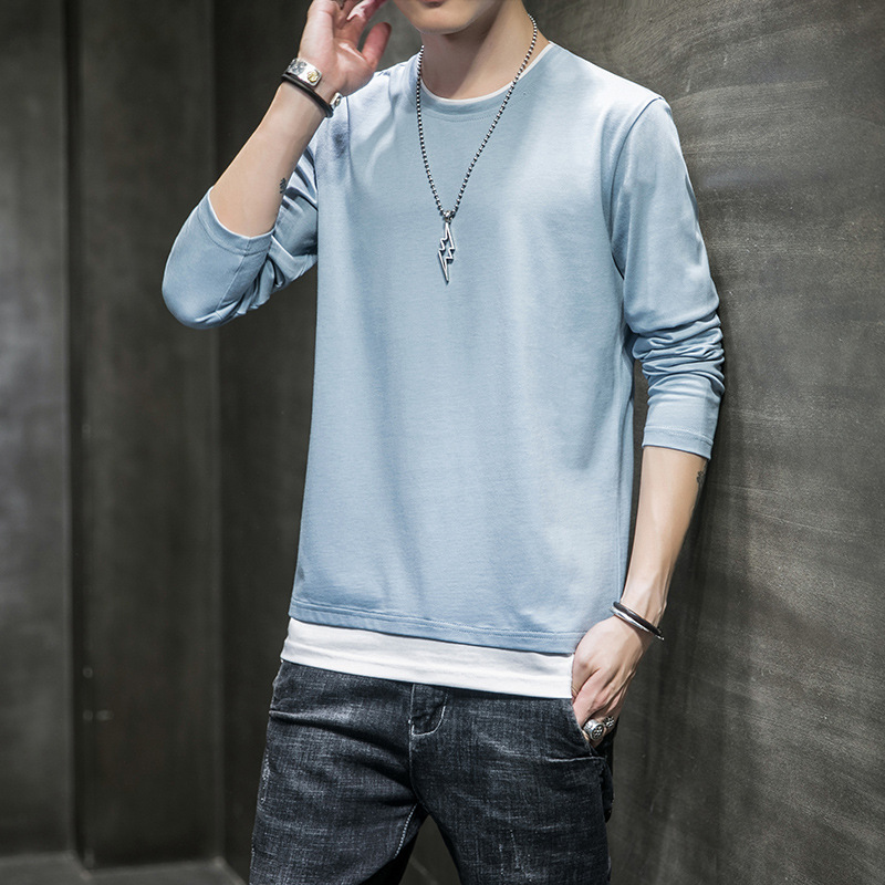 Hombres 2024 Otoño e Invierno nueva camiseta de manga larga de los hombres ins moda casual cuello redondo color sólido algodón de manga larga Camiseta hombres