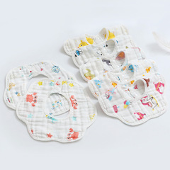 Double-sided Printed 6-Layer Gauze Bib for Babies, 360-Degree Rotating Infant Petal-Shape Drool Towel with Printed Design