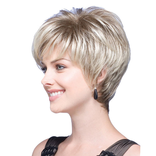 Factory direct sales foreign trade ladies short hair fluffy gradient off-white oblique bangs wig Rose Net one-piece drop shipping
