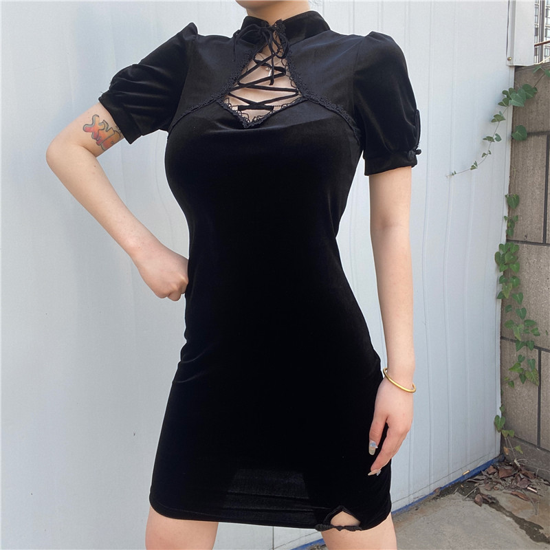 国风复古连衣裙外贸跨境新款性感镂空绑带高腰修身春秋改良旗袍女