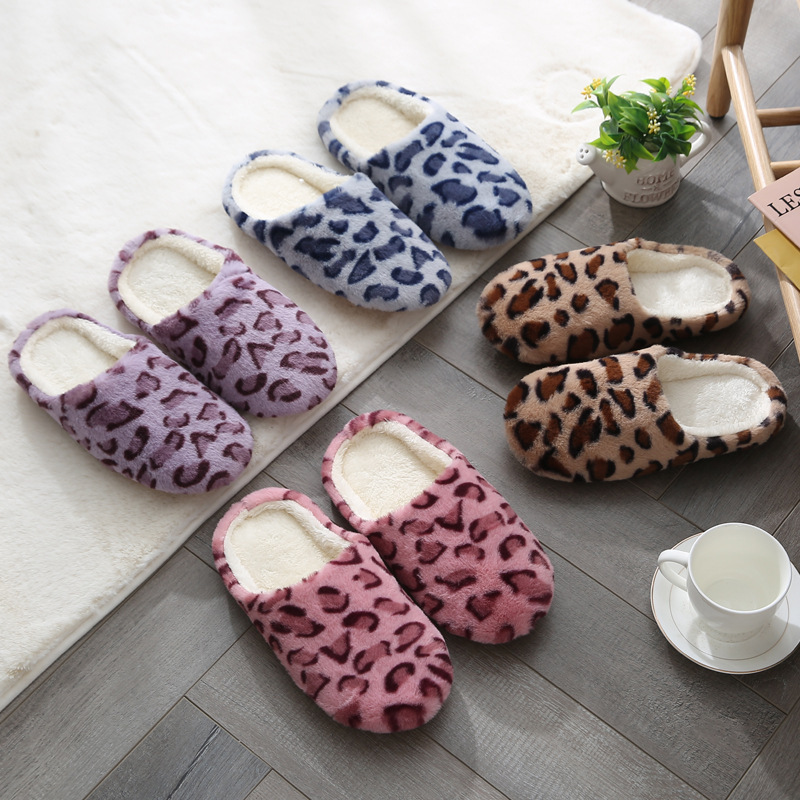 New Rabbit Hair Leopard Print Indoor Silent Soft Bottom Slippers Home Wooden Floor Warm Japanese Style Warm Cotton Slippers