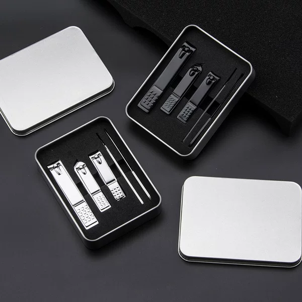 Stainless Steel Nail Clipper Set Manicure Tools Nail Scissors Nail File Aluminum Box 5-Piece Set for Hard Nails with Angled Edge