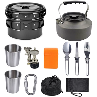 亚马逊热卖户外用品套锅茶壶套装野营炊具组合烧水壶折叠便携锅具