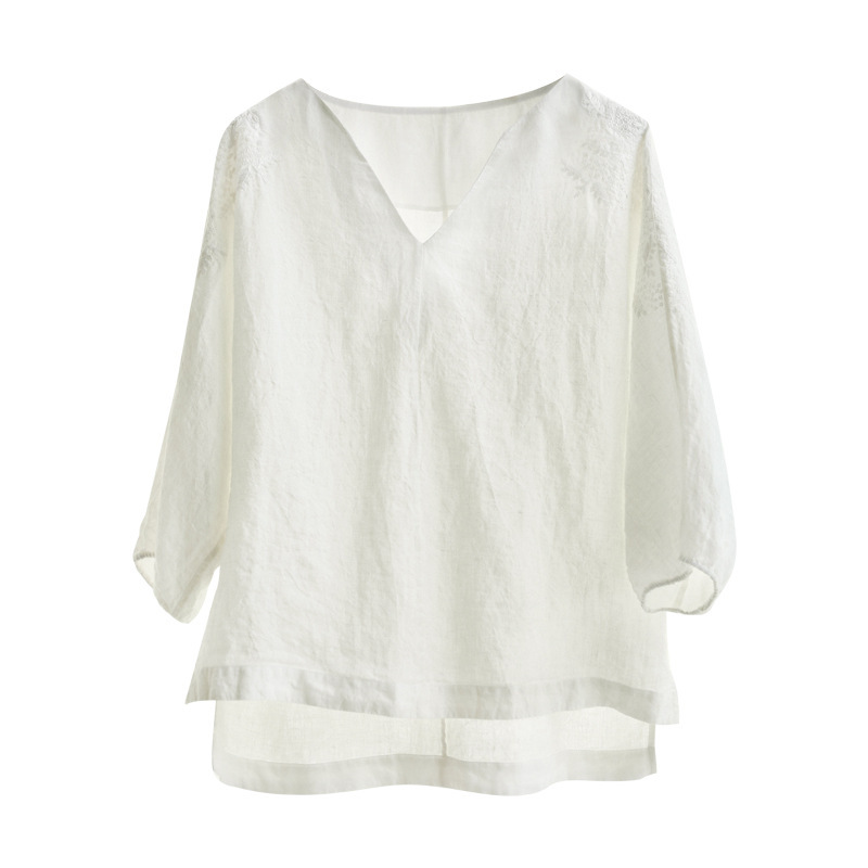 2020 early autumn new original women's clothing artistic embroidered linen top V-neck long sleeve loose women's shirt in stock