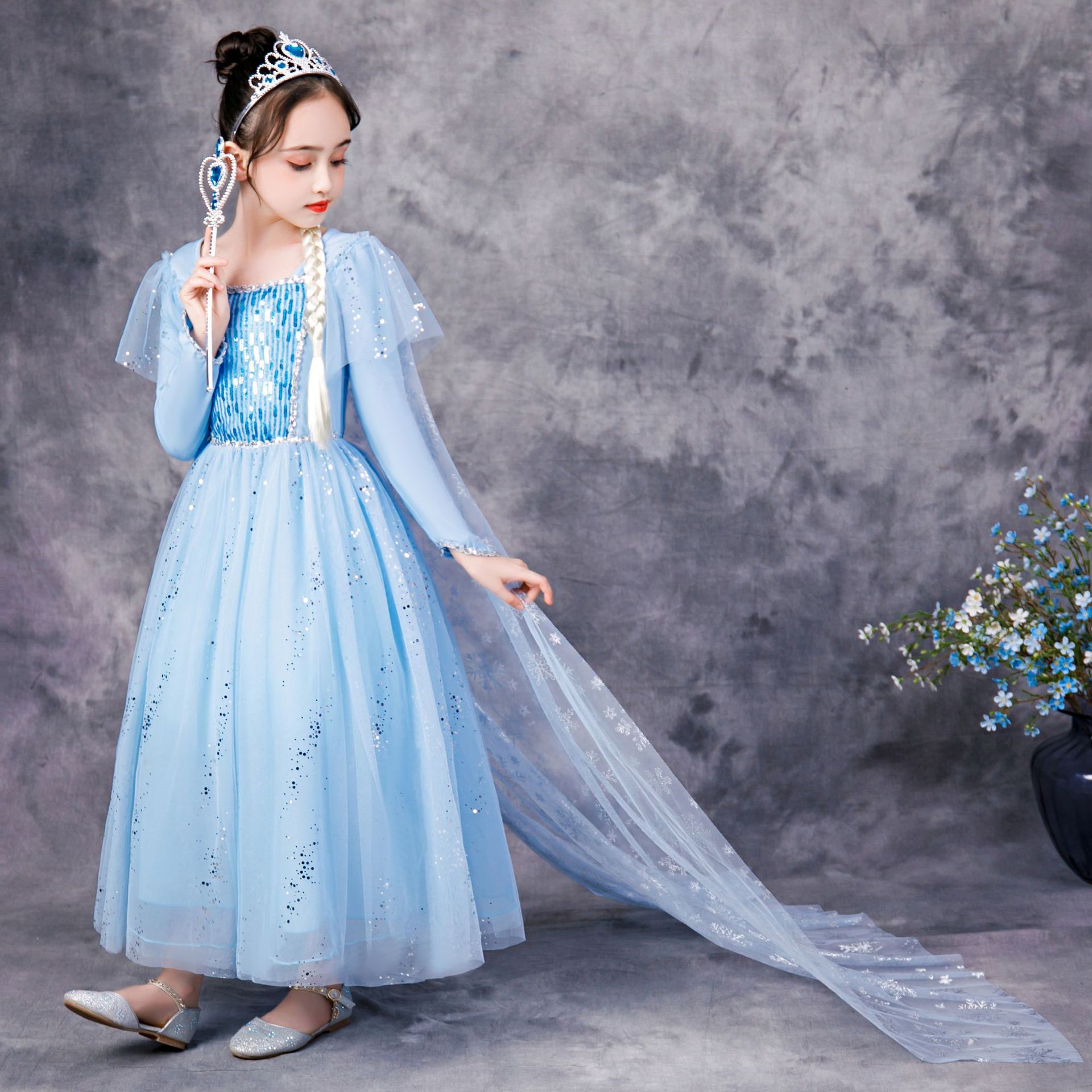 Frozen 2 Princess Aisha Dress Long Sleeve Cotton Children's Girls Dress Autumn Elsa One-Piece Hair