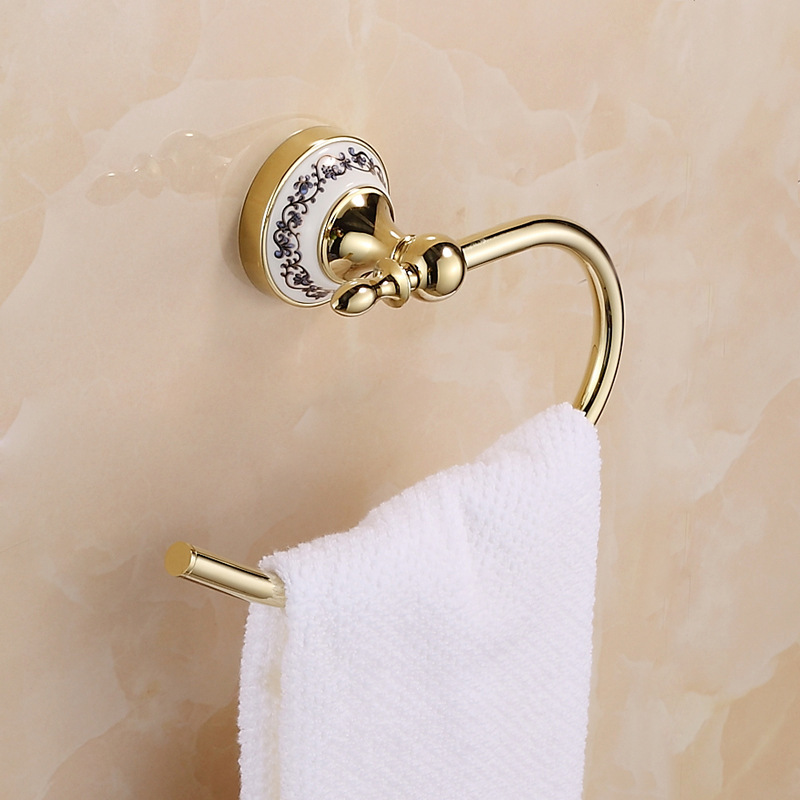 Bathroom Towel Rack Golden Stainless Steel Towel Bar Non-perforated Blue and White Porcelain European Style Towel Ring Bathroom Hardware Hanging Bathroom Towel Rack Golden Stainless Steel Towel Bar Non-perforated Blue and White Porcelain European Style Towel Ring Bathroom Hardware Hanging