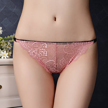 性感低腰蕾丝花面镂空透明女士内裤吊带三角丁字内裤