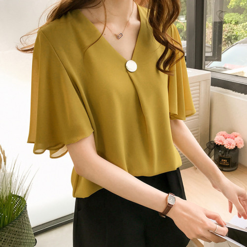 2025 Summer New Large Size Chiffon Shirt Loose Pleated Sleeve T-Shirt Top Slimming Short Sleeve Underwear 200 Pounds 