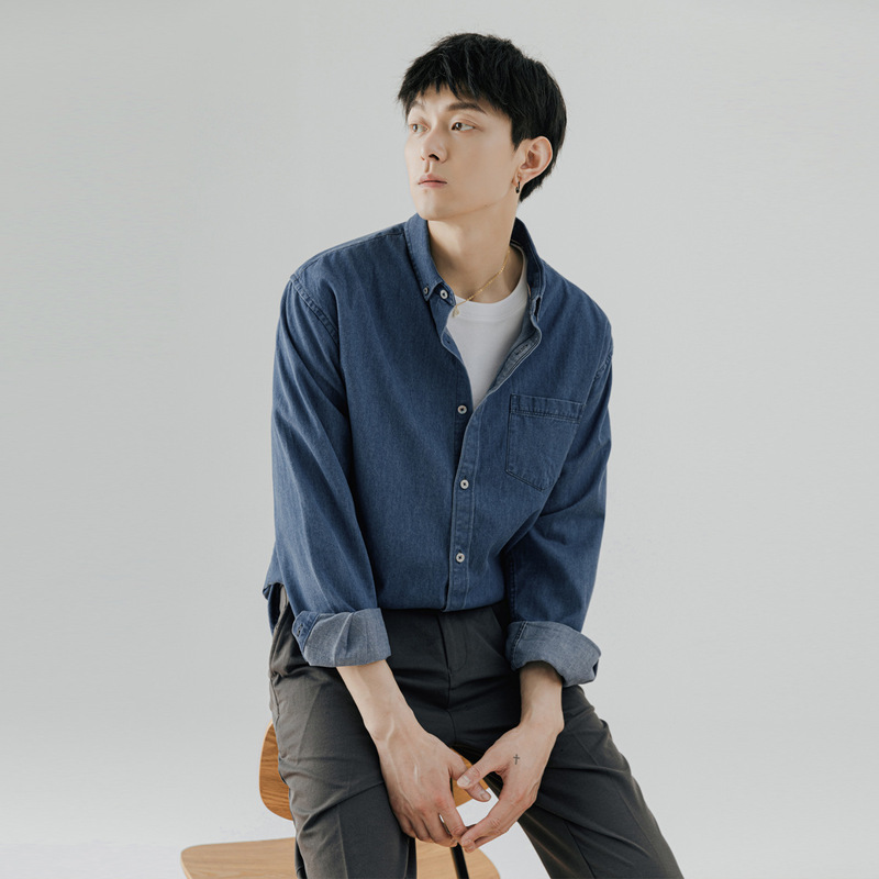 Yizhi Men's Denim Long-sleeved Shirt Men's Youth Spring and Autumn Korean Style Fashionable Casual Solid Color Work Clothes Shirt Jacket Men
