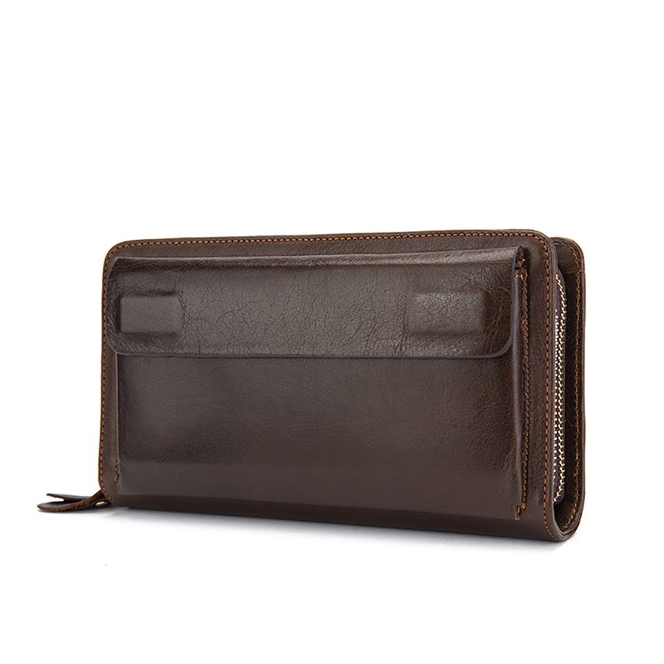 Ví nam da bò thật dáng dài kiểu clutch có khóa kéo hai lớp và ngăn đựng tiền xu — Cà phê/khóa kéo đơn, Màu Đen/khóa kéo đơn, 9013 màu đen, Cà phê 9013