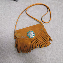 花朵镶绿珠流苏包女士单肩斜挎包反绒皮 波西米亚民族风真皮小包