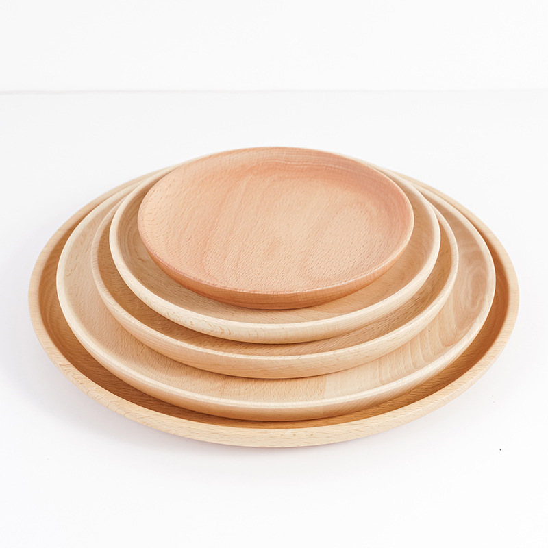 Plato de madera de haya Plato de madera redondo de estilo japonés Plato de comedor de madera maciza Plato de frutas Plato de madera de nueces Bandeja al por mayor