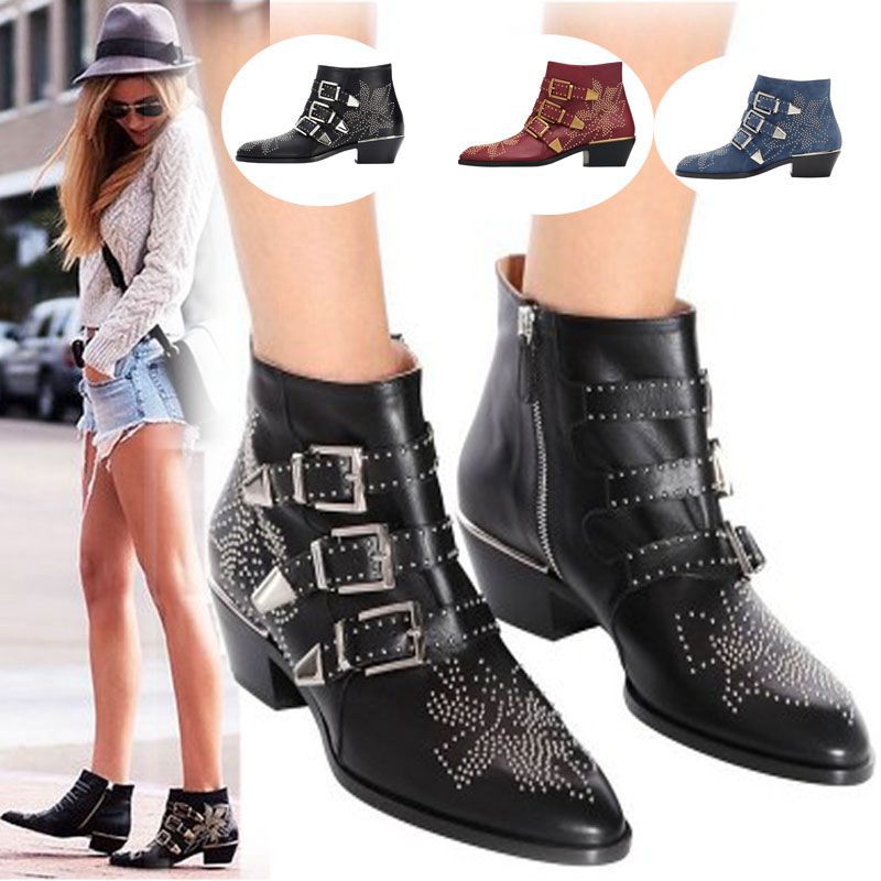 European and American Style Pointed Toe Thick Heel Belt Buckle Rivets Low Heel Boots Catwalk Export Large Size Multi-Wear Women's Leather Boots Trendy