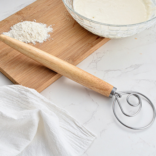 13-inch oak handle flour mixer Danish dough mixing stick stainless steel coil egg beater