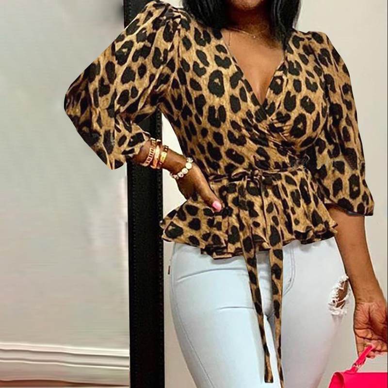 2024 cross-border wish Europe, America and ebay Amazon plus size V-neck long sleeve loose leopard print top women's clothing now