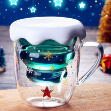 創意雙層耐高溫玻璃杯牛奶馬克杯高硼硅帶把手節日禮品聖誕星願杯