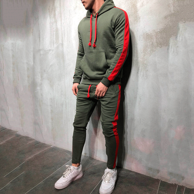 Autumn New Men's Hooded Patchwork Solid Color Sports Casual Sweatshirt Set
