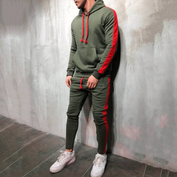 Autumn New Men's Hooded Patchwork Solid Color Sports Casual Sweatshirt Set