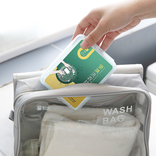 Sometimes, a 30-piece travel-sized laundry detergent sheet—portable, compact travel essentials: mini soap bars, hand sanitizer, and laundry soap tablets.