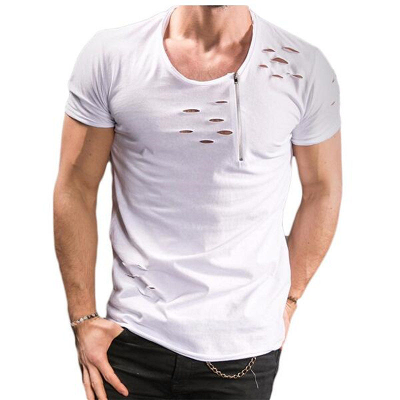 European and American Style Men's Casual Fashion New Short-Sleeved T-Shirt Burnt Flower Zipper Decoration Men's Clothing