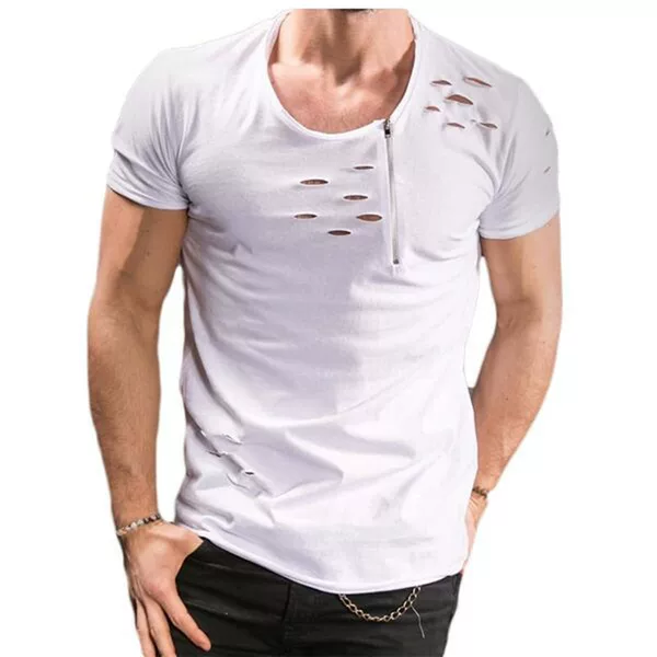 European and American Style Men's Casual Fashion New Short-Sleeved T-Shirt Burnt Flower Zipper Decoration Men's Clothing