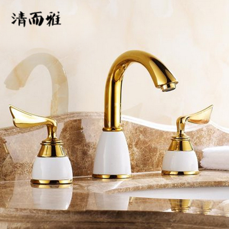 European-Style Copper Faucet, Antique Hot and Cold Faucet, Golden Retro Three-Hole Basin Faucet, Bathtub Faucet
