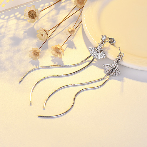 Qiaolanxuan s925 silver needle micro-paved fan-shaped long tassel earrings geometric earrings earrings earrings wholesale