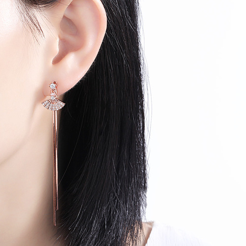 Qiaolanxuan s925 silver needle micro-paved fan-shaped long tassel earrings geometric earrings earrings earrings wholesale
