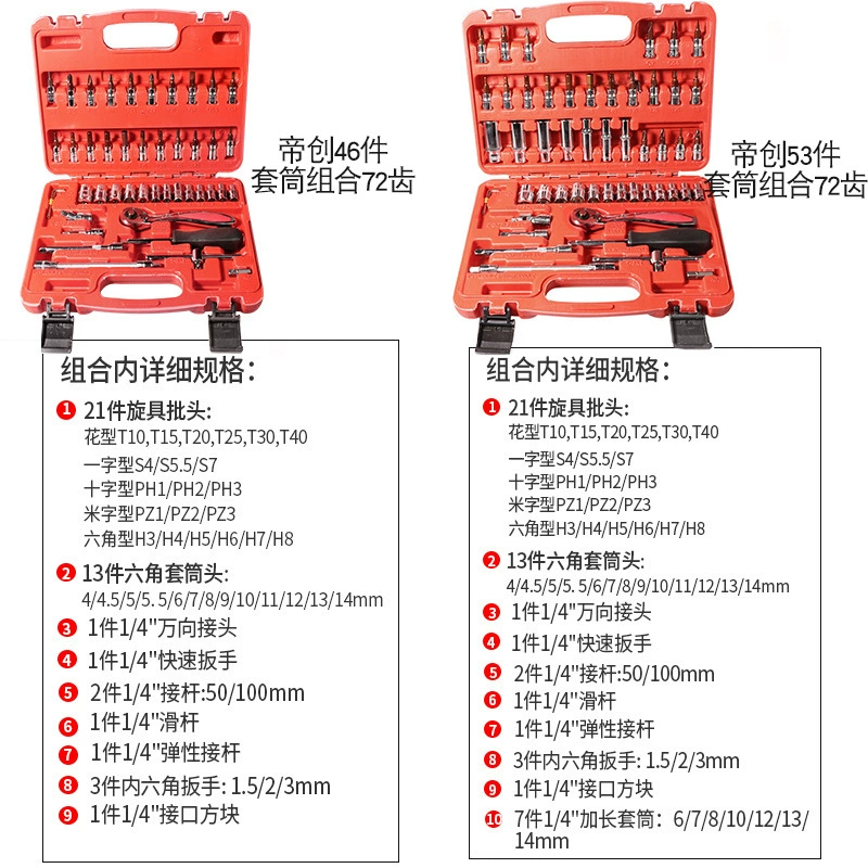 Manufacturer wholesale 46/53 piece combination tool set auto repair car repair socket wrench small fly ratchet wrench 1/4 set
