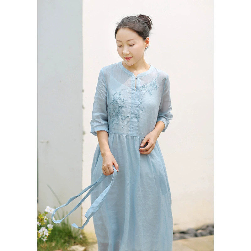 Женское Оригинальное длинное платье из хлопка и льна с художественной вышивкой, воротником-стойкой и средним рукавом, легкое платье рами, новинка 2020