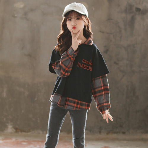 2024 New Autumn Clothes Korean Style Girls' Sweaters Black Plaid Apricot Plaid Cross-Border Casual Sports Girls' Sweaters