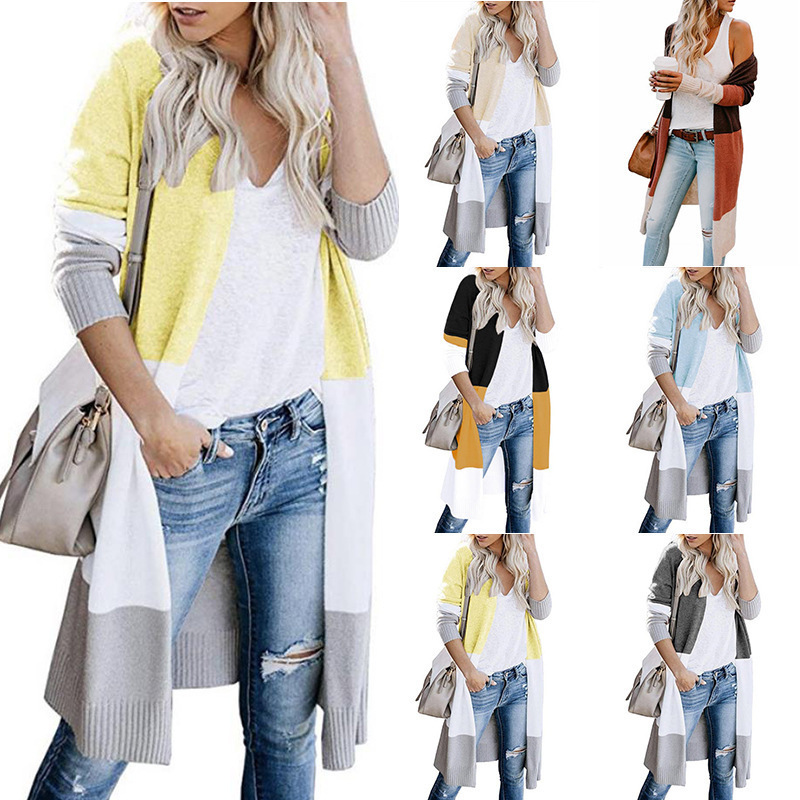 2025 Cross-Border Wish Autumn and Winter Foreign Trade Women's Clothing Amazon Knitwear Three-Color Striped Patchwork Long Sweater Cardigan 2025 Cross-Border Wish Autumn and Winter Foreign Trade Women's Clothing Amazon Knitwear Three-Color Striped Patchwork Long Sweater Cardigan