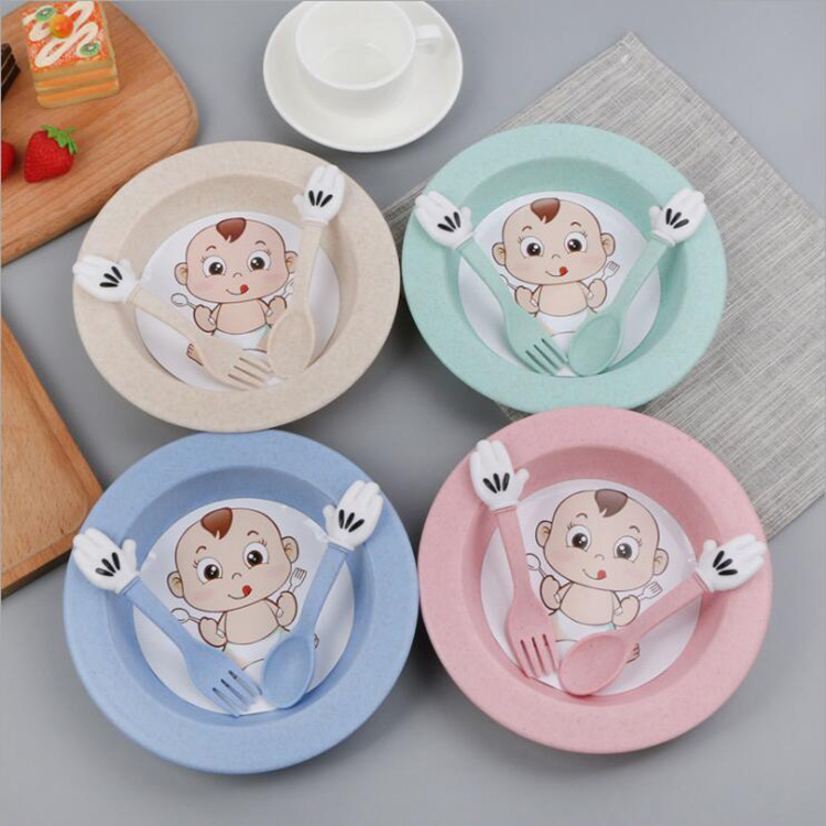 Wheat straw children's tableware set cute baby food supplement fast food plate bowl spoon Fork Promotional small gift logo