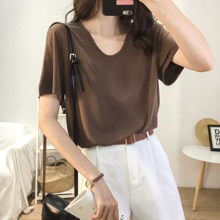 Camiseta de manga corta para mujer 2025, top moderno con cuello en V para mujer, nuevo estilo de verano, adelgazante, venta al por mayor transfronteriza