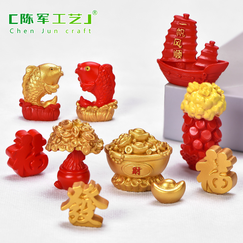 New Year's Wealth and Luck, Micro-Landscape Resin Small Ornaments, Red Lettering, Golden Money Tree, Smooth Sailing and Bursting Bamboo