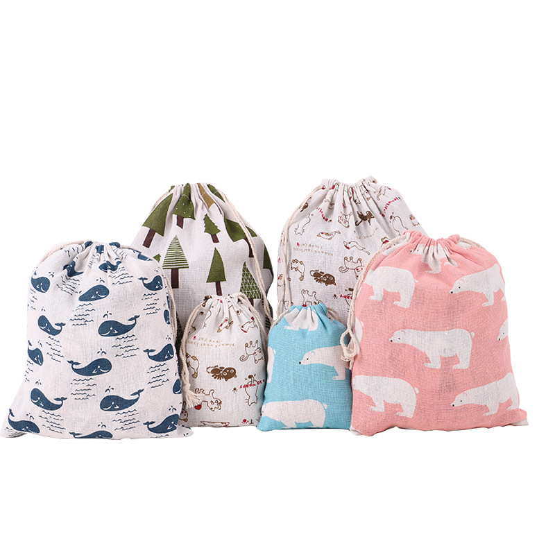 Impreso bolsa de cordón de algodón bolsa pequeña bolsa de almacenamiento de artículos diversos de viaje en casa bolsa de embalaje de regalo de Navidad en stock