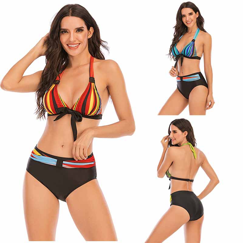 2023 European and American New Split plus size Bikini Swimsuit Women's Sexy Striped Holiday Style Foreign Trade Bikini Swimsuit