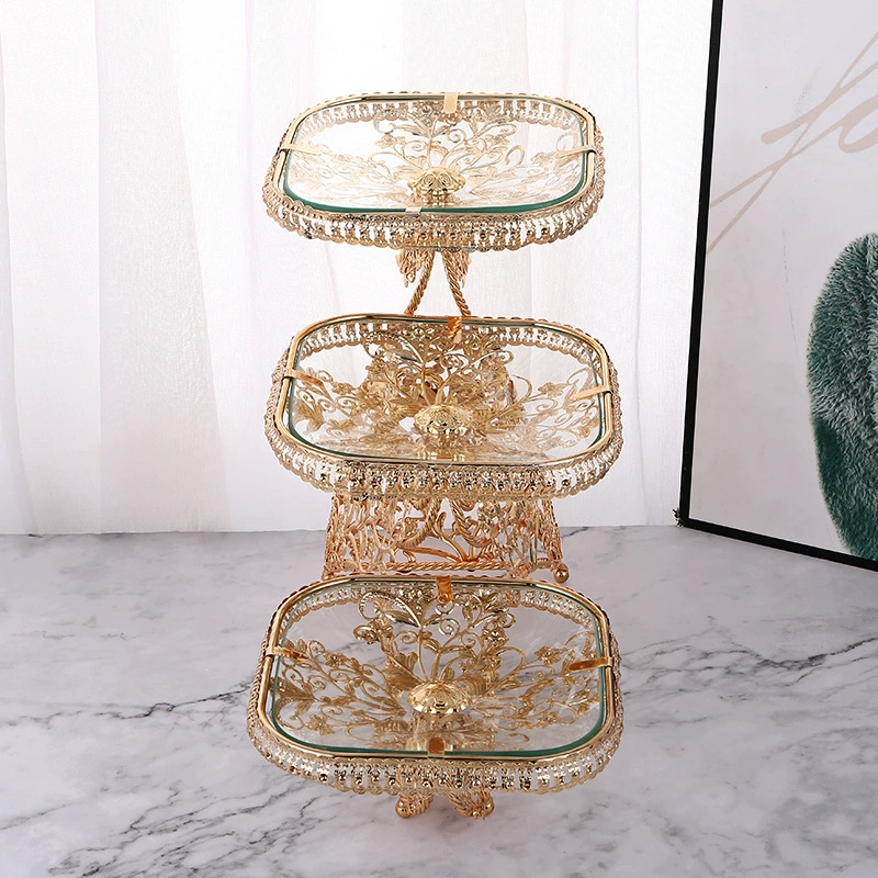 Multi-tier Tempered Glass Fruit Plate, Golden Decorative Stand, base Ø29cm plate Ø19cm H30cm
