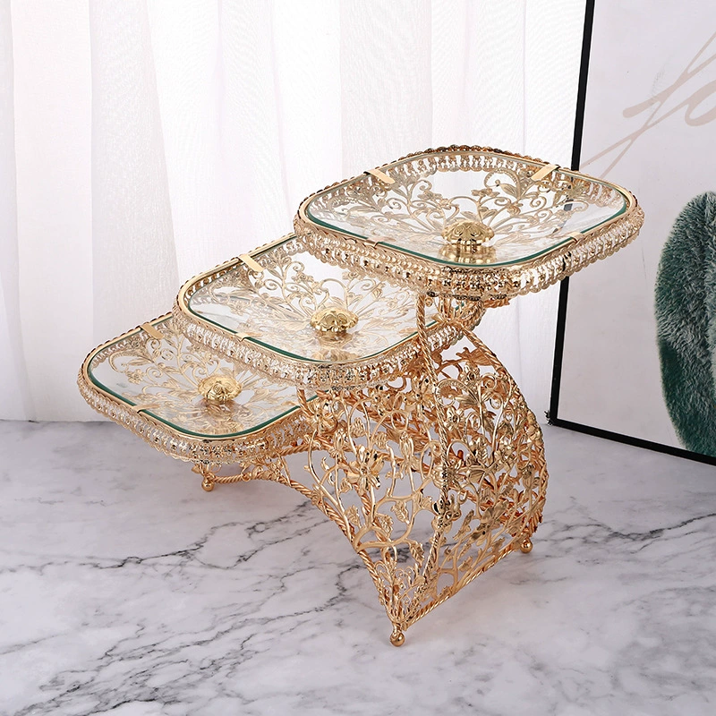 Multi-tier Tempered Glass Fruit Plate, Golden Decorative Stand, base Ø29cm plate Ø19cm H30cm