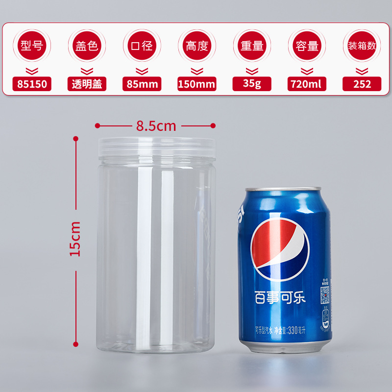 Fábrica en stock al por mayor botella de plástico para mascotas embalaje sellado tarro grado alimenticio cubierta transparente boca ancha Cubo de almacenamiento redondo