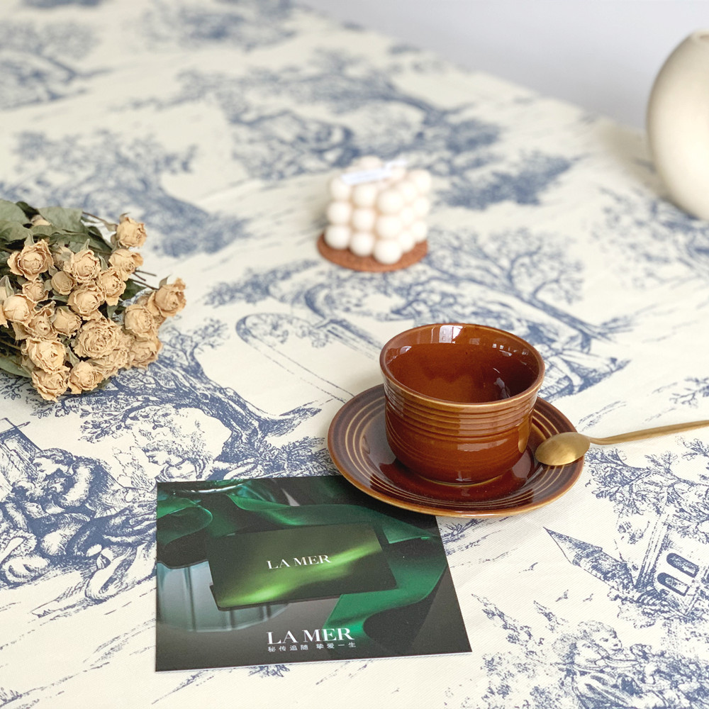 ins French Style Retro Blue Ink Painting Pastoral Tablecloth Korean Style picnic mat Placemat Tablecloth