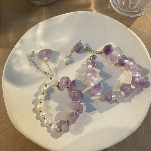 Niche design sense summer new amethyst stone simple natural stone pearl bracelet small fresh bracelet hand jewelry for women