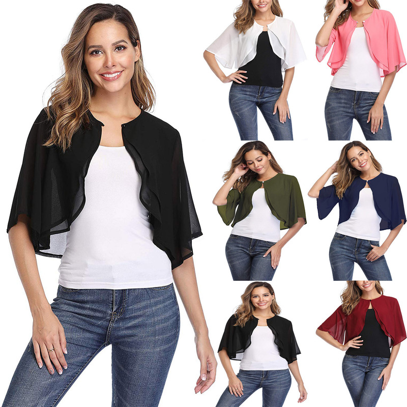 New European American Amazon Hot Women's Seven-point Sleeve Perspective Cardigan Chiffon Blush Cardigan Shawl St. Parry