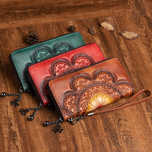 2020 New First Layer Cowhide Live Explosions Women's Long Retro Genuine Leather Wallet Women's Handmade Coloring Clutch